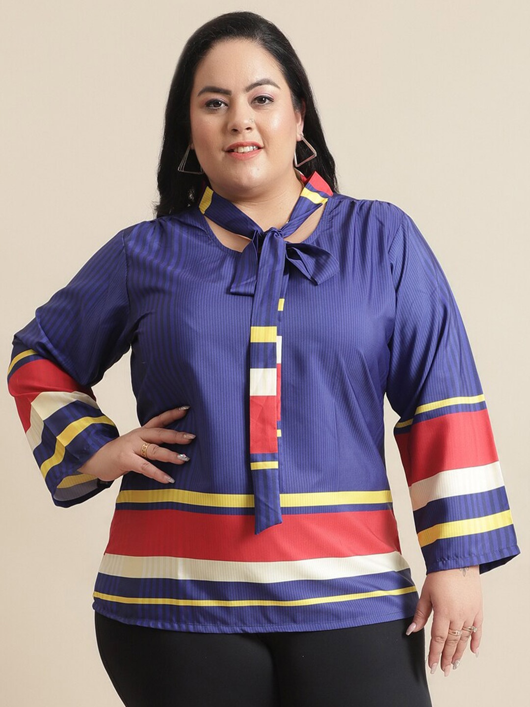 

Flambeur Plus Size Striped Tie-Up Neck Crepe Top, Blue