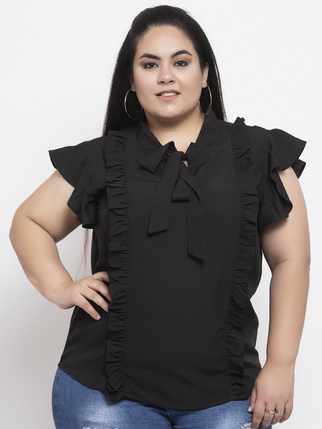

Flambeur Plus Size Tie-Up Neck Flutter Sleeve Ruffles Crepe Top, Black