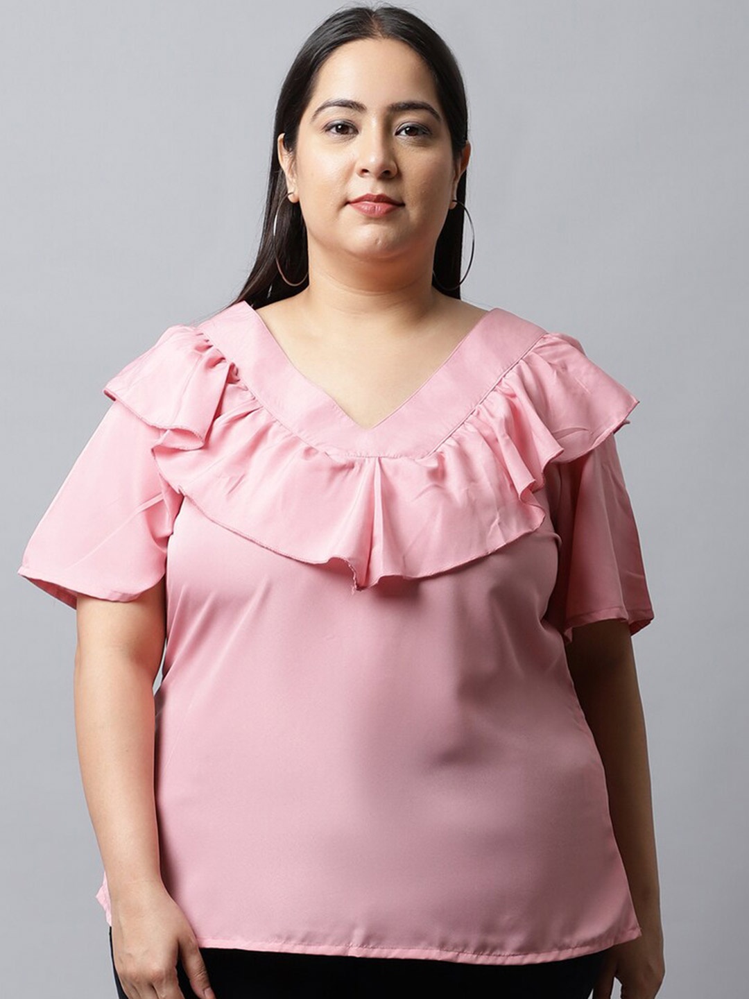 

Flambeur Plus Size Flared Sleeve Ruffles Crepe Top, Pink