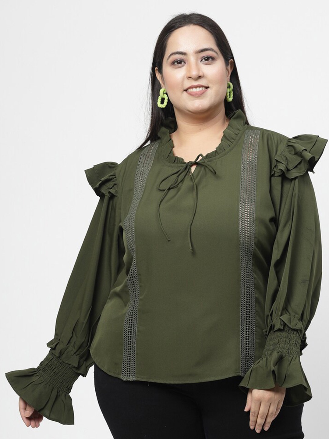 

Flambeur Tie-Up Neck Bell Sleeve Crepe Top, Green