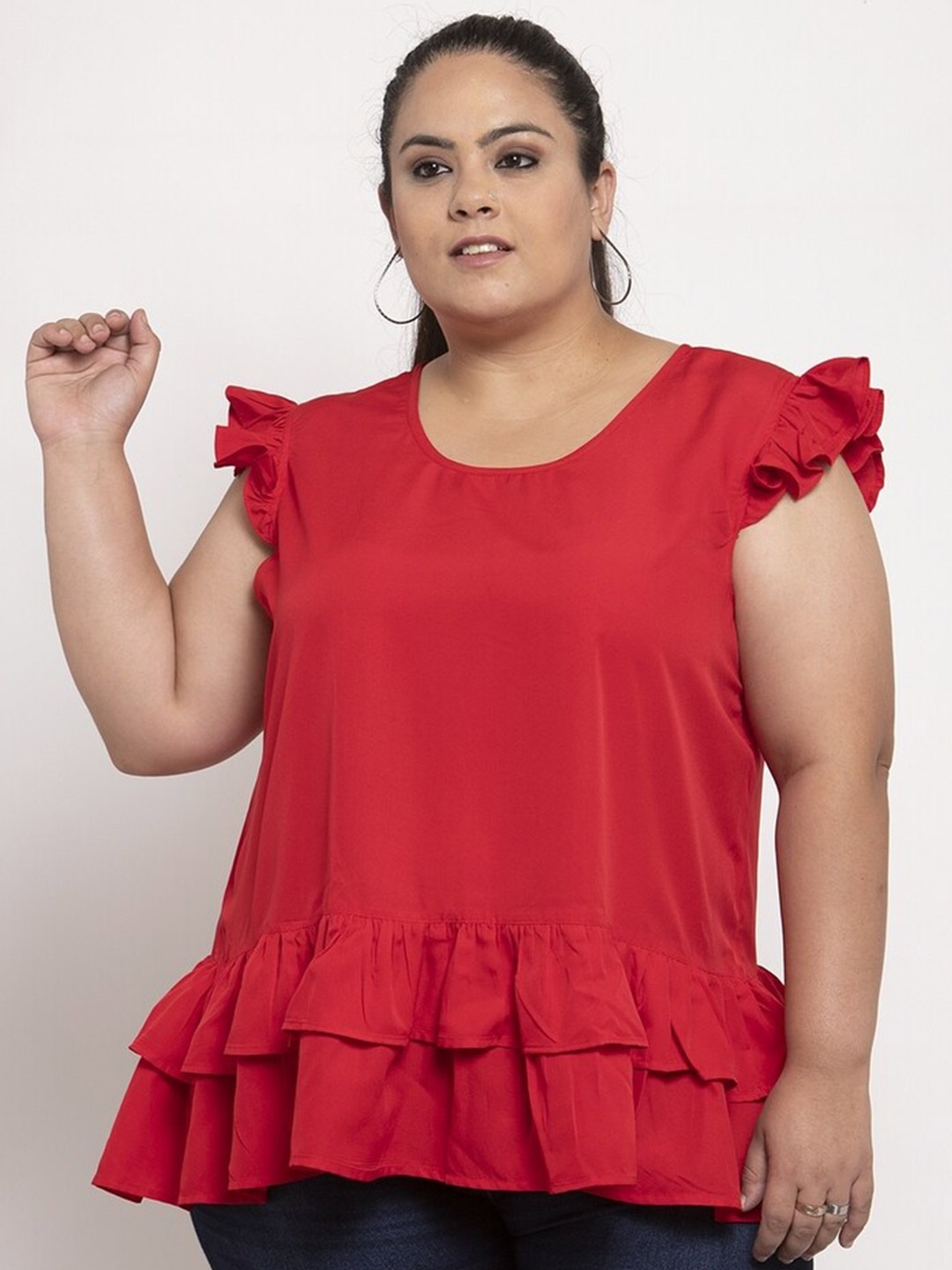 

Flambeur Round Neck Flutter Sleeve Crepe Top, Red