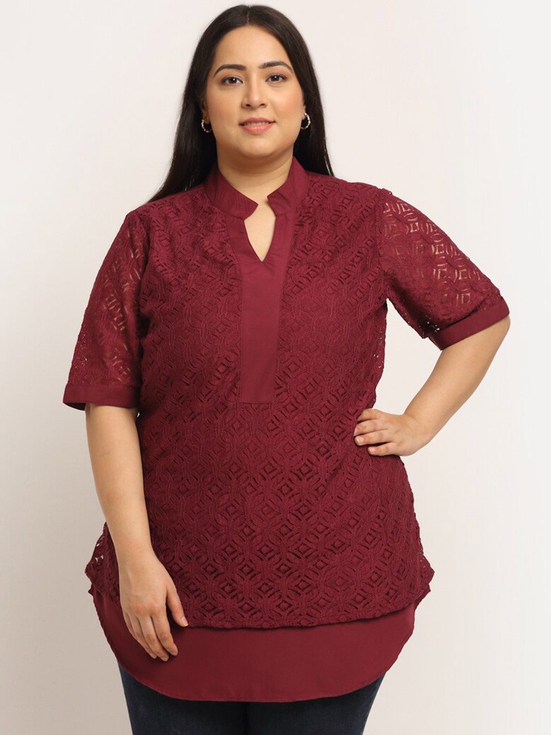 

Flambeur Mandarin Collar Self Design Crepe Top, Maroon