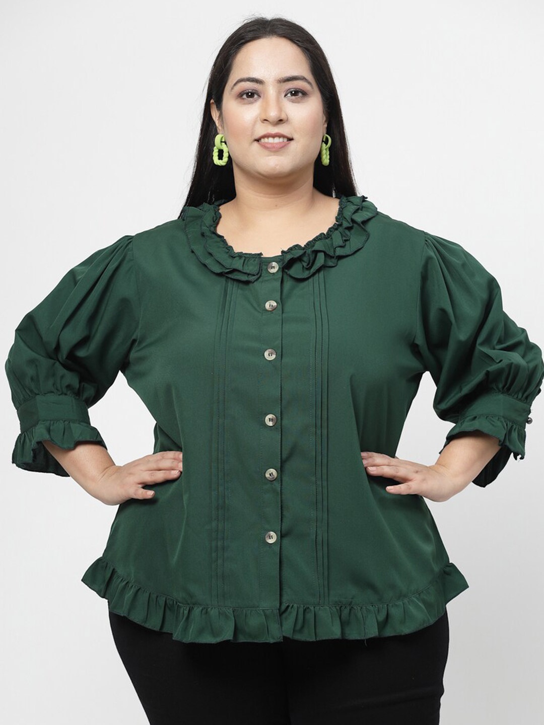 

Flambeur Peter Pan Collar Puff Sleeve Crepe Shirt Style Top, Green