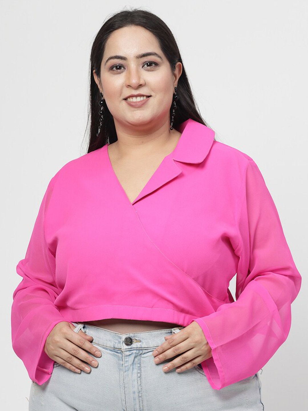 

Flambeur V-Neck Georgette Wrap Crop Top, Pink