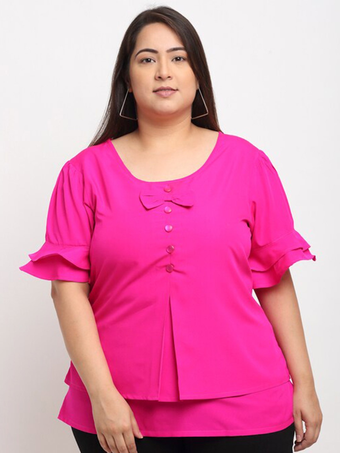 

Flambeur Round Neck Bell Sleeve Crepe Top, Pink