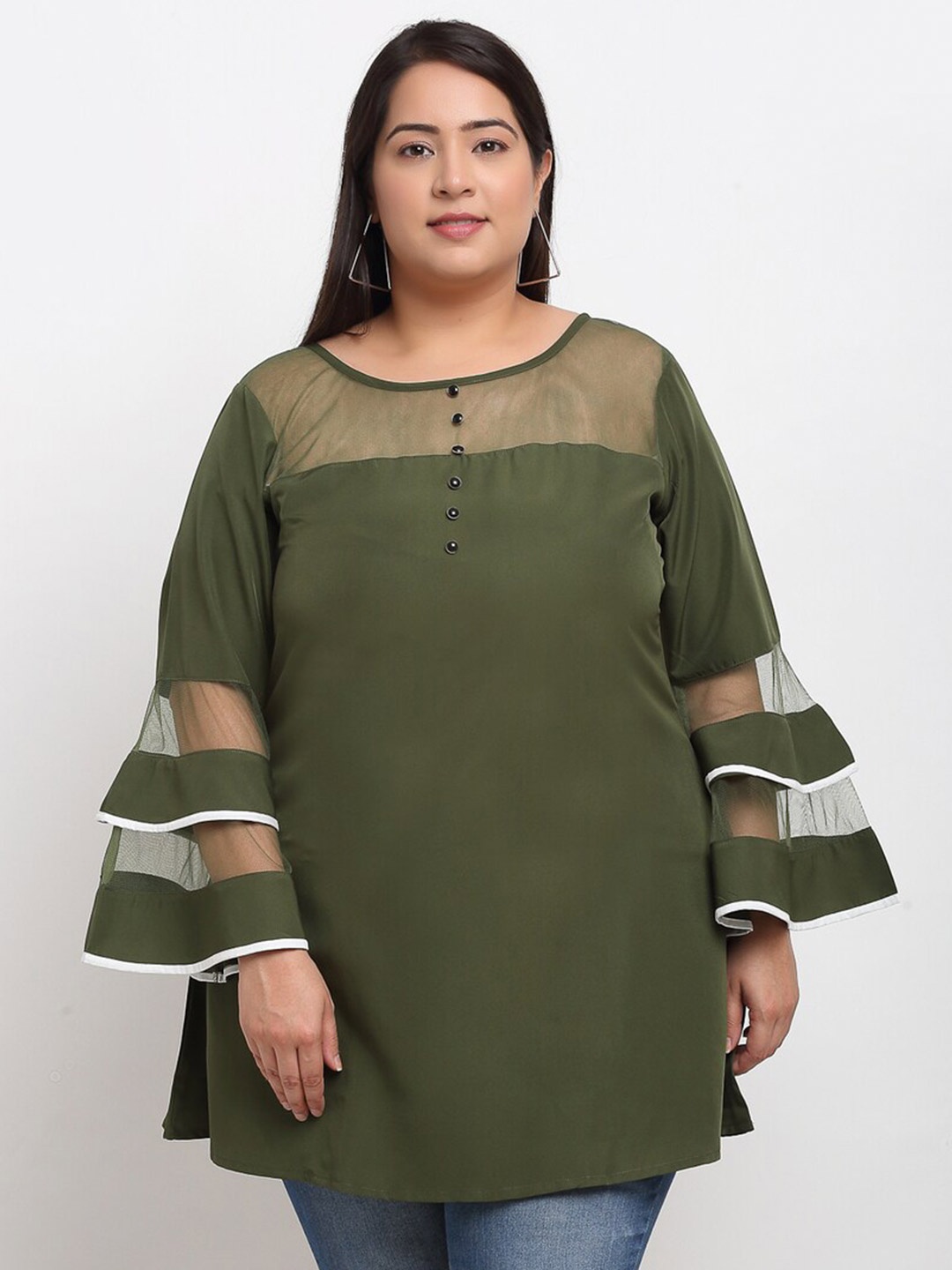 

Flambeur Round Neck Bell Sleeve Crepe Top, Green