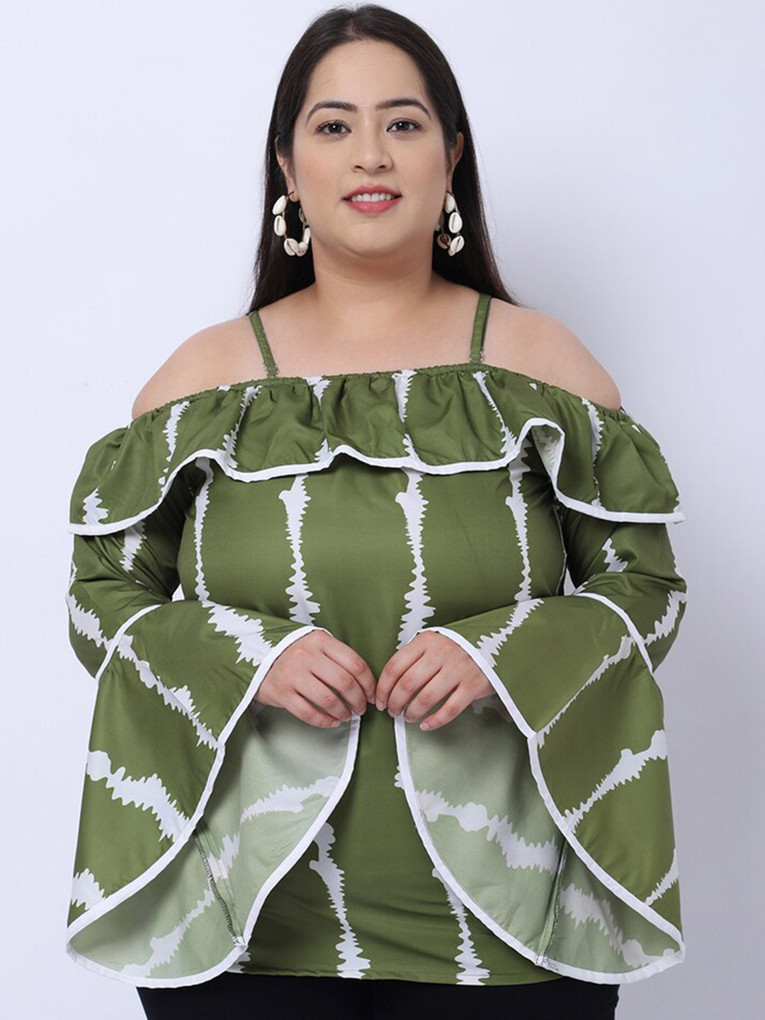 

Flambeur Geometric Printed Cold-Shoulder Bardot Top, Green