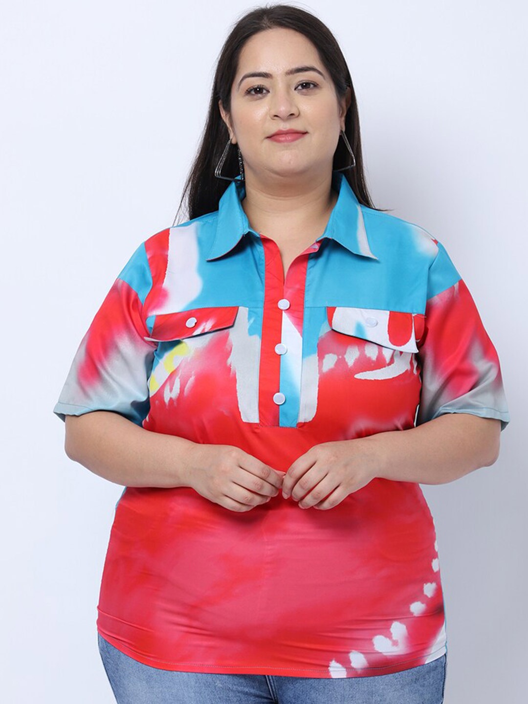 

Flambeur Colourblocked Mandarin Collar Shirt Style Top, Blue