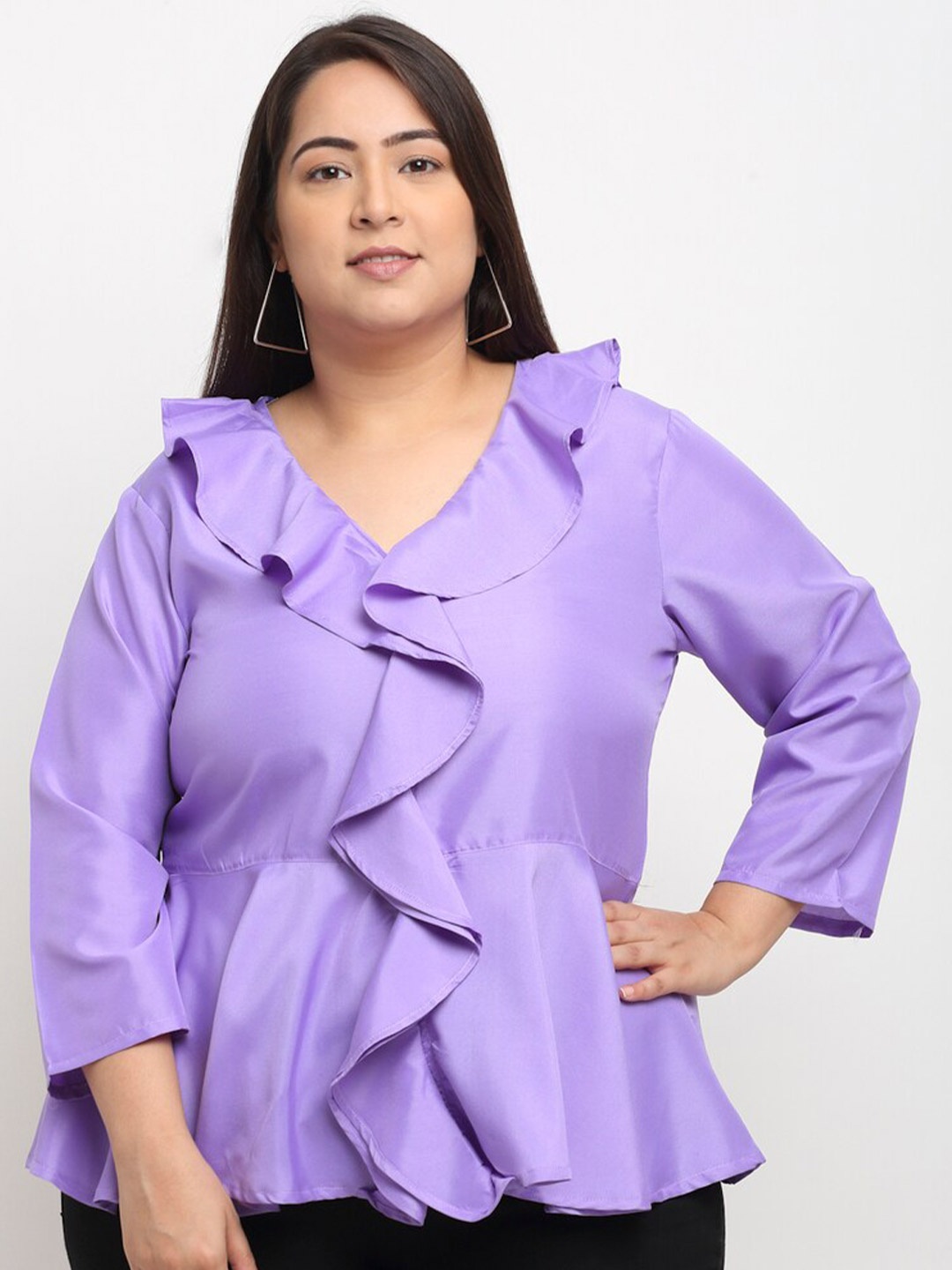 

Flambeur V-Neck Three-Quarter Sleeves A-Line Top, Purple
