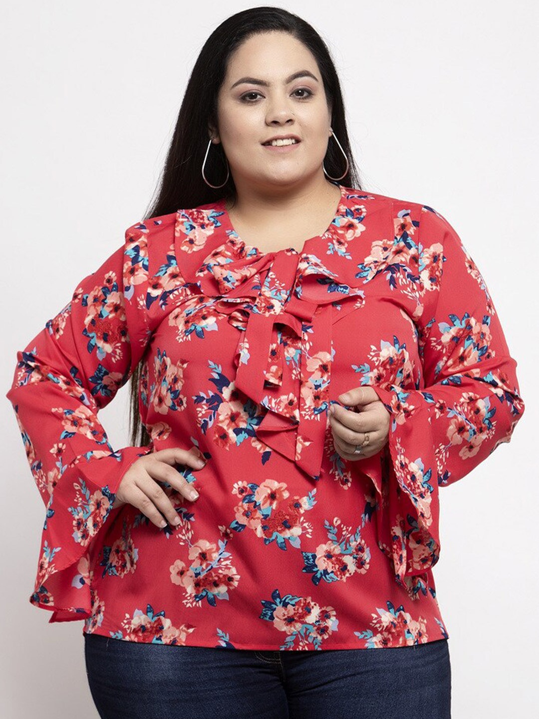 

Flambeur Floral Printed Bell Sleeves Top, Red