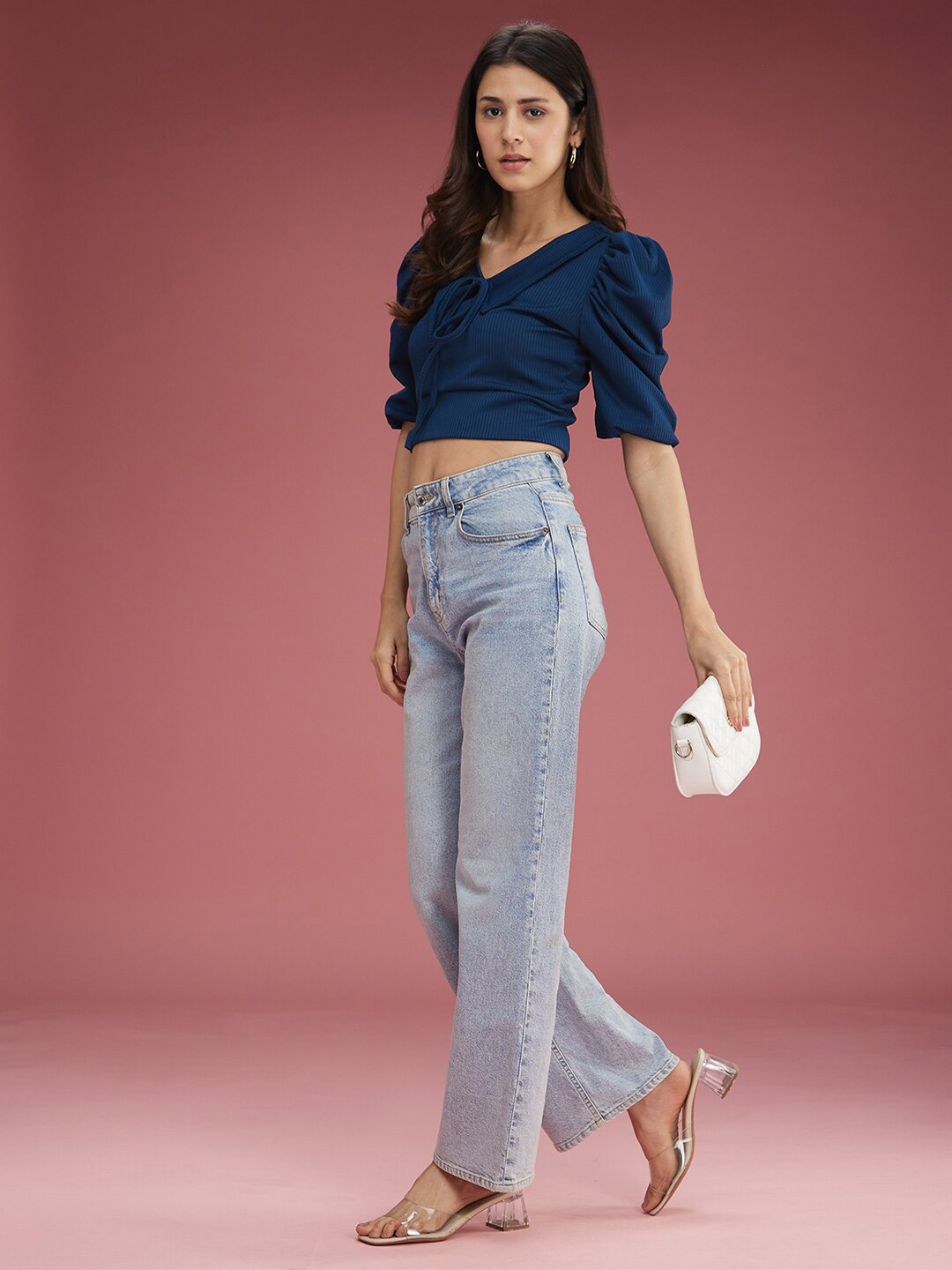 

DressBerry V Neck Short Puff Sleeves Collared Crop Top, Navy blue