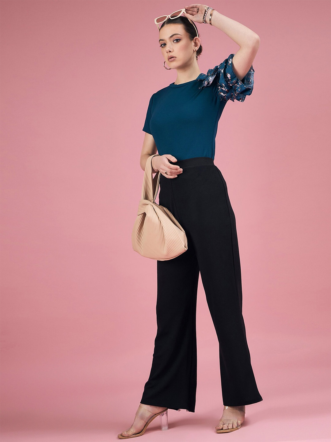 

DressBerry Green Round Neck Ruffled Tops