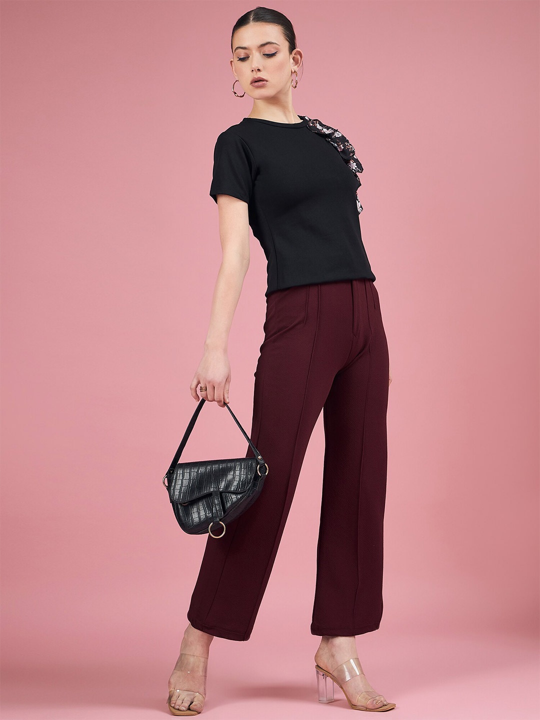 

DressBerry Black Round Neck Floral Ruffled Sleeves Top