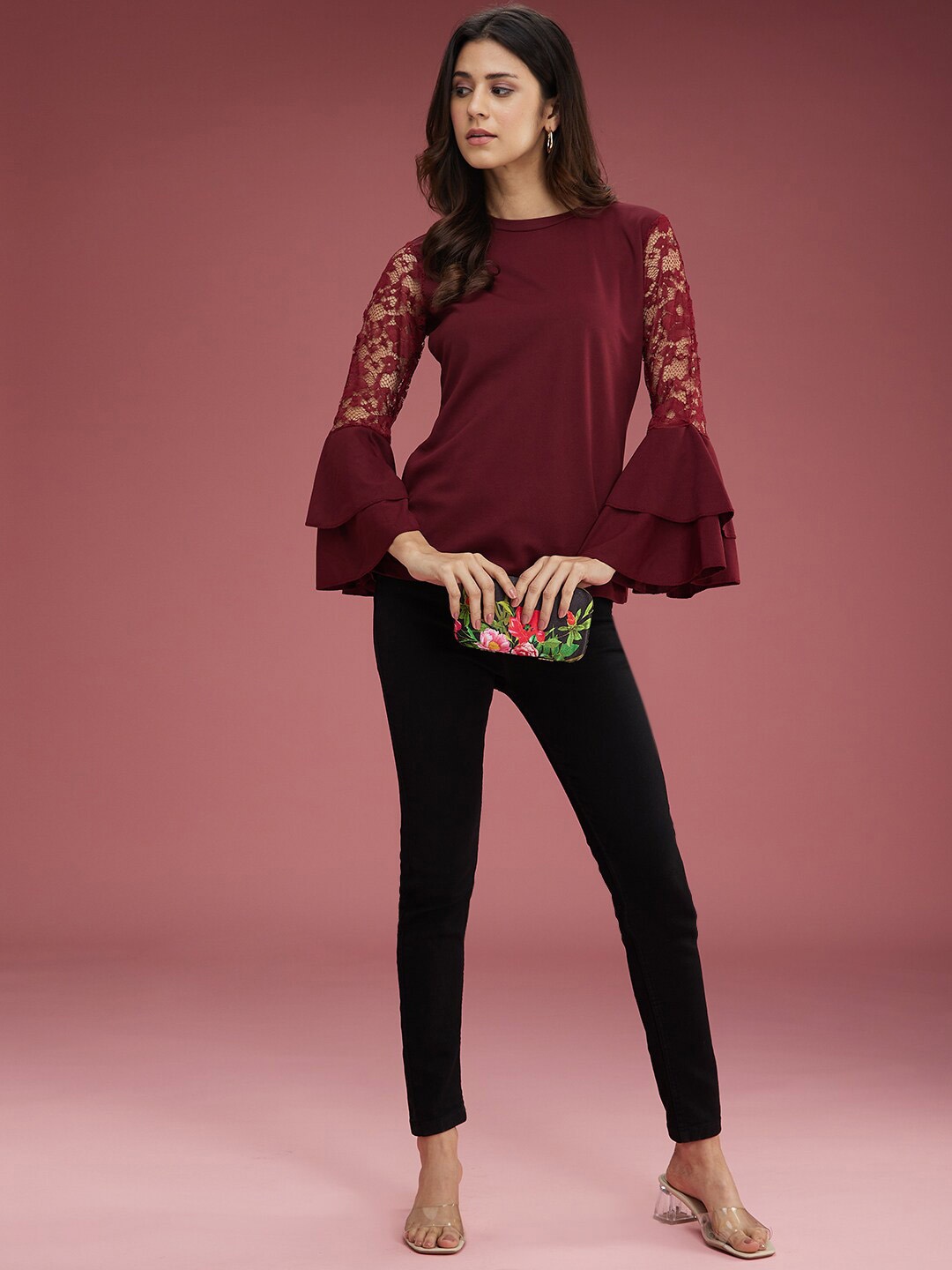 

DressBerry Burgundy Bell Sleeves Lace Inserts Regular Top