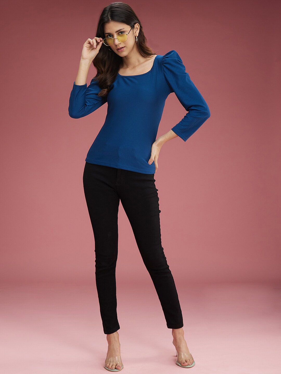 

DressBerry Blue Ribbed Square Neck Puff Sleeves Regular Top