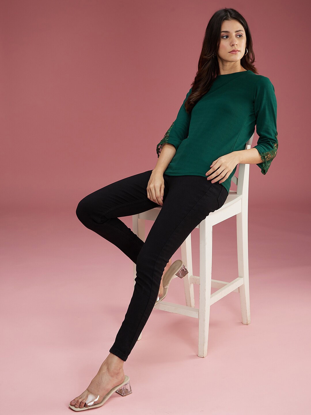 

DressBerry Green Round Neck Lace Insert Regular Top