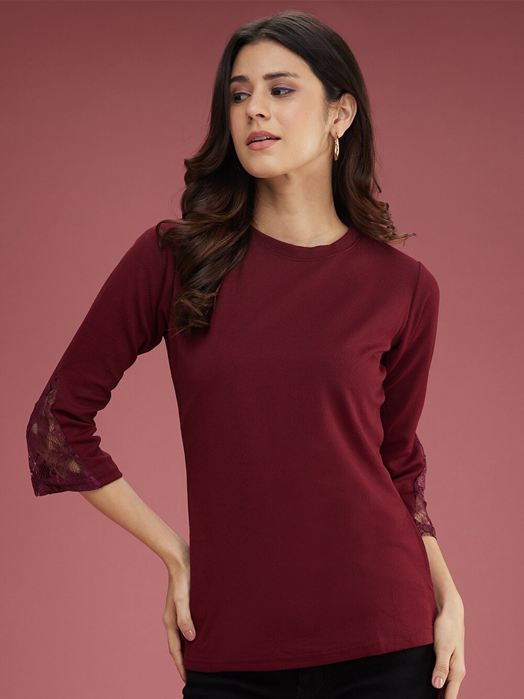 

Dressberry Basics Wine Self Design Round Neck T-shirt, Burgundy