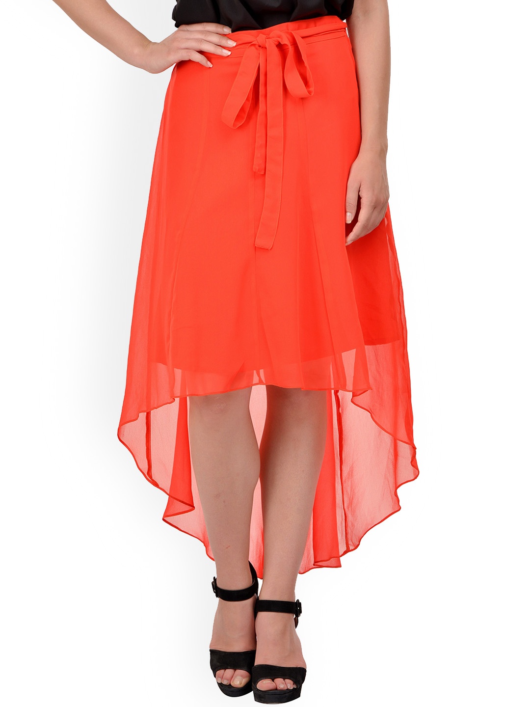

Karmic Vision High Low Knee Length Georgette Flared Skirt, Red