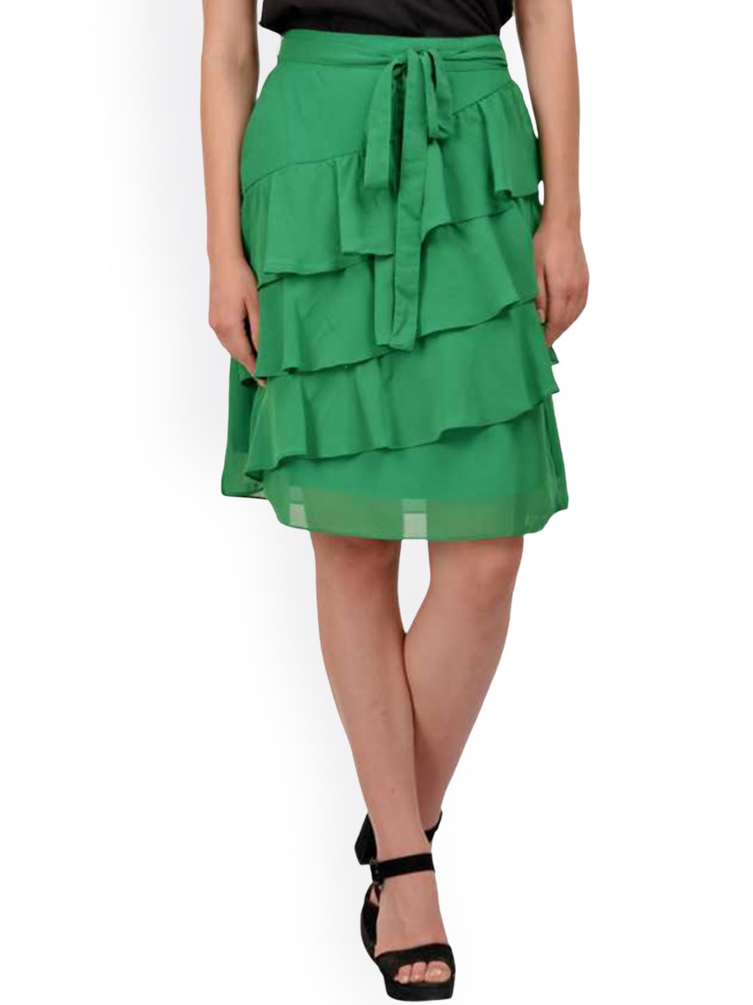 

Karmic Vision Ruffled Knee-Length Georgette Flared Skirt, Green