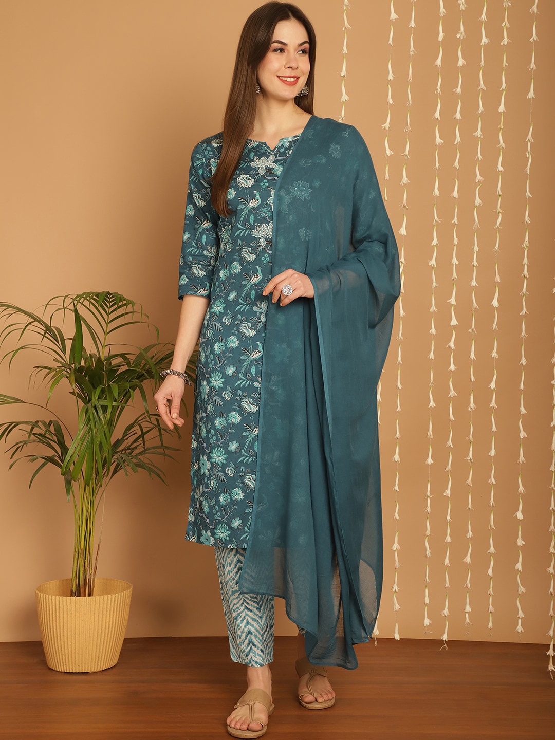 

Aawari Floral Printed Pleated Pure Cotton Kurta with Trousers & With Dupatta, Blue