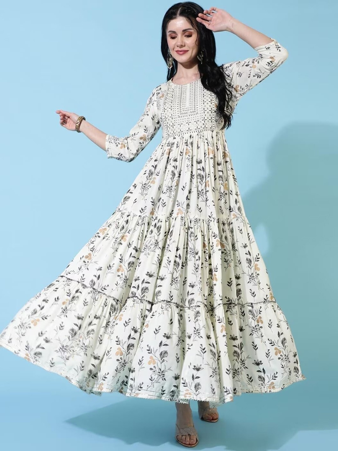 

KALINI Floral Printed Thread Work Anarkali Kurta, White