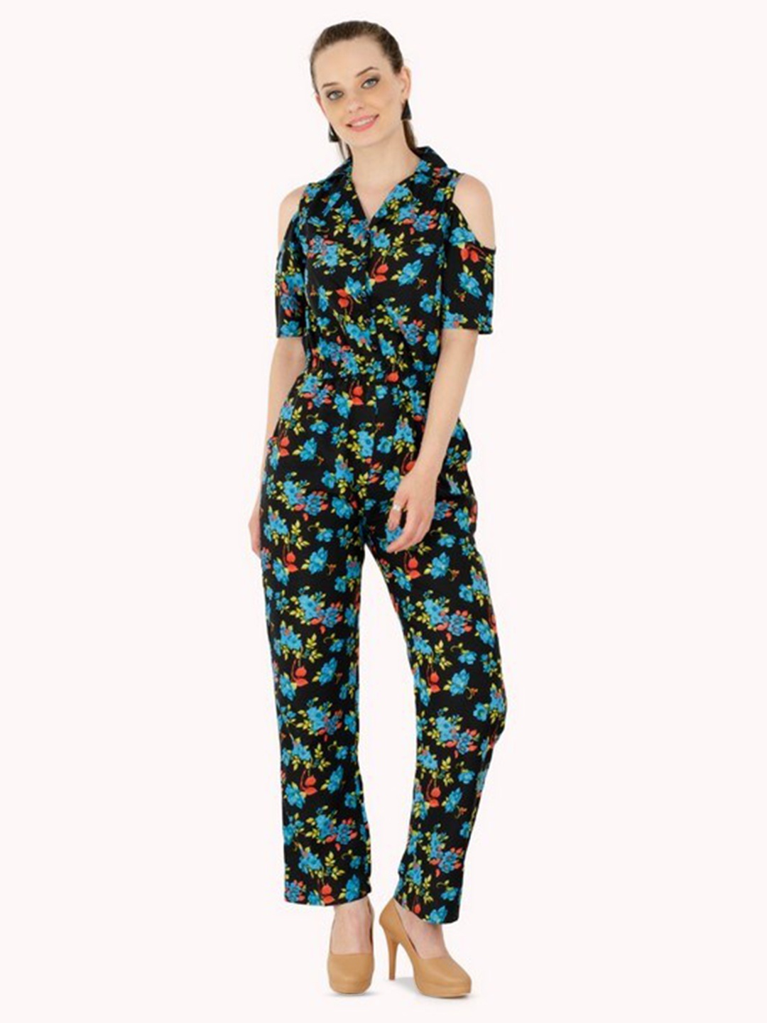 

Karmic Vision Printed Lapel Collar Basic Jumpsuit, Black