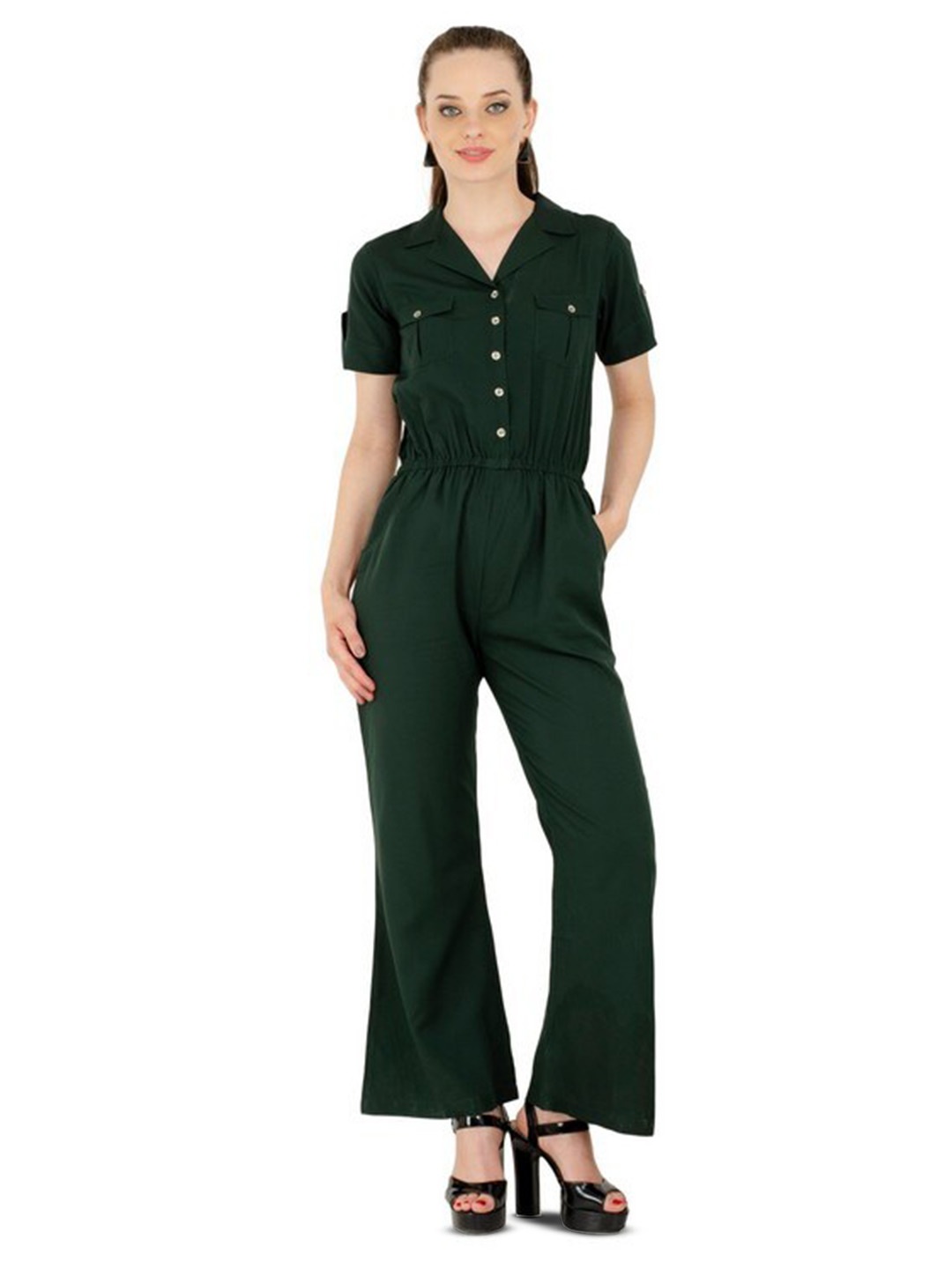 

Karmic Vision Shirt Collar Basic Jumpsuit, Green