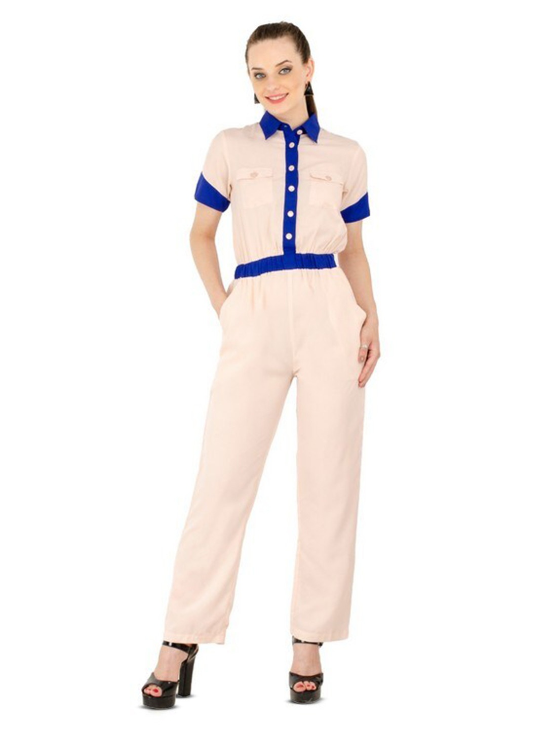 

Karmic Vision Shirt Collar Basic Jumpsuit, Beige