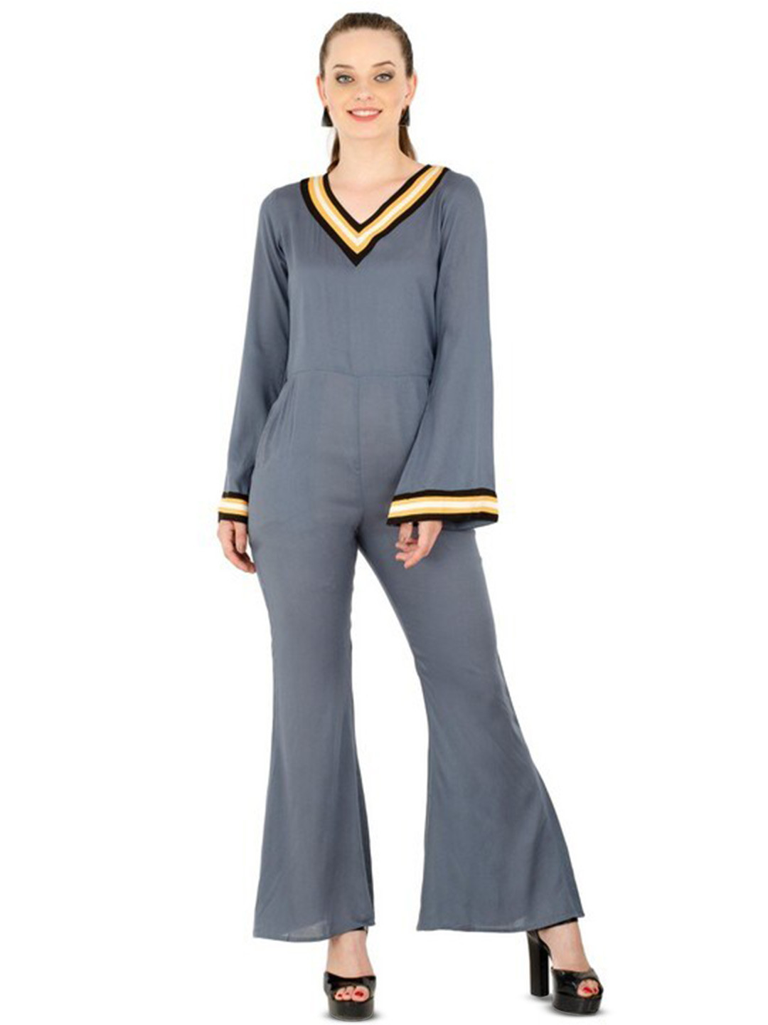

Karmic Vision V-Neck Bell Sleeve Basic Jumpsuit, Grey