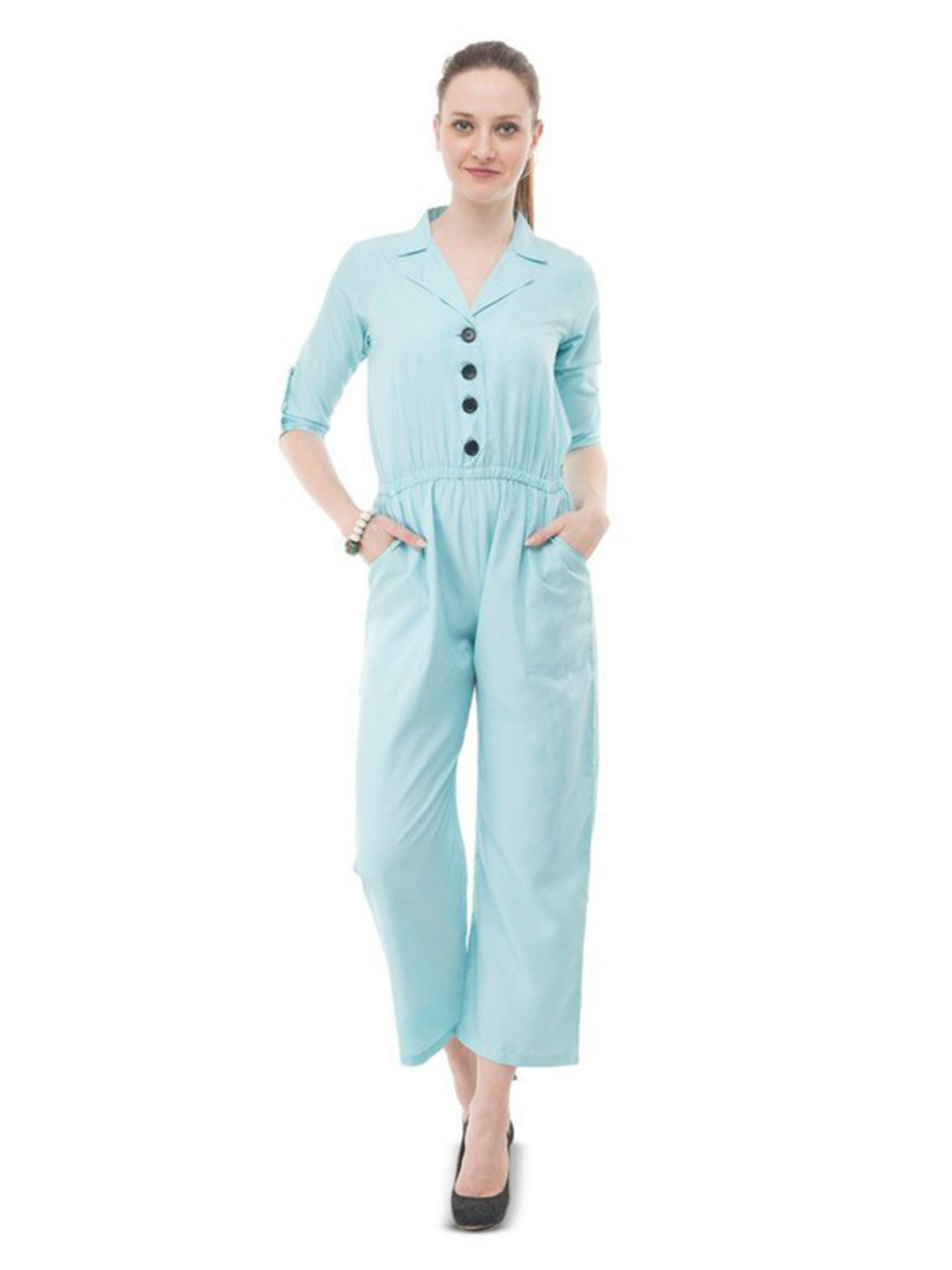 

Karmic Vision Notched Lapel Collar Crepe Basic Jumpsuit, Blue