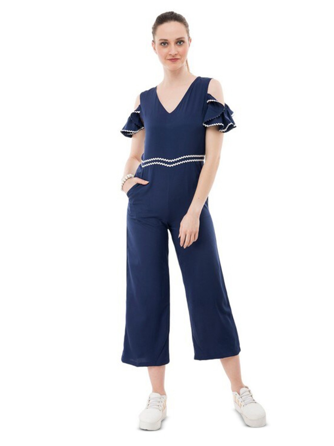 

Karmic Vision Cold Shoulder Sleeves Crepe Basic Jumpsuit, Blue