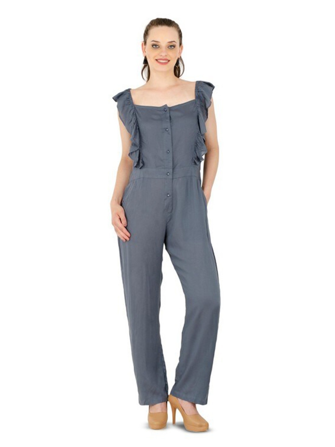 

Karmic Vision Square Neck Basic Jumpsuit with Ruffles, Grey