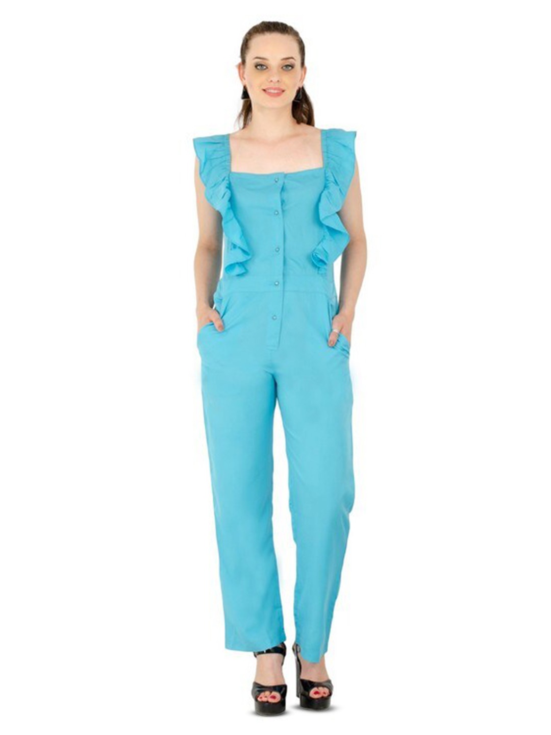 

Karmic Vision Square Neck Basic Jumpsuit with Ruffles, Blue