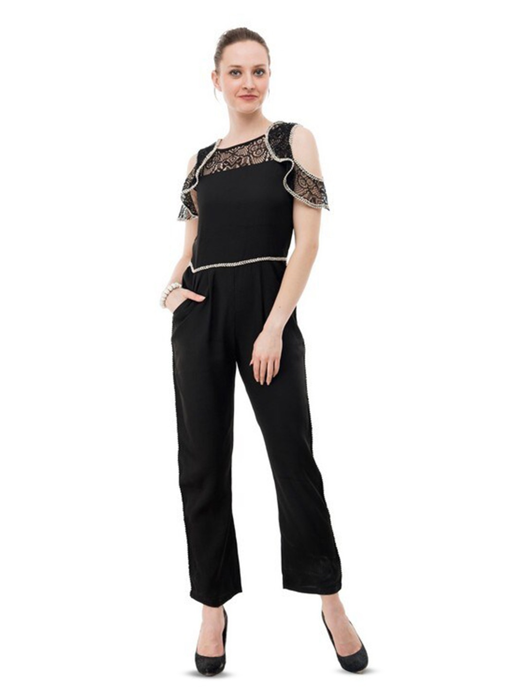 

Karmic Vision Basic Jumpsuit with Lace Inserts, Black