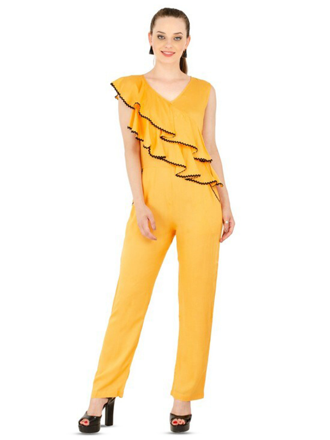

Karmic Vision V-Neck Basic Jumpsuit With Ruffles, Yellow