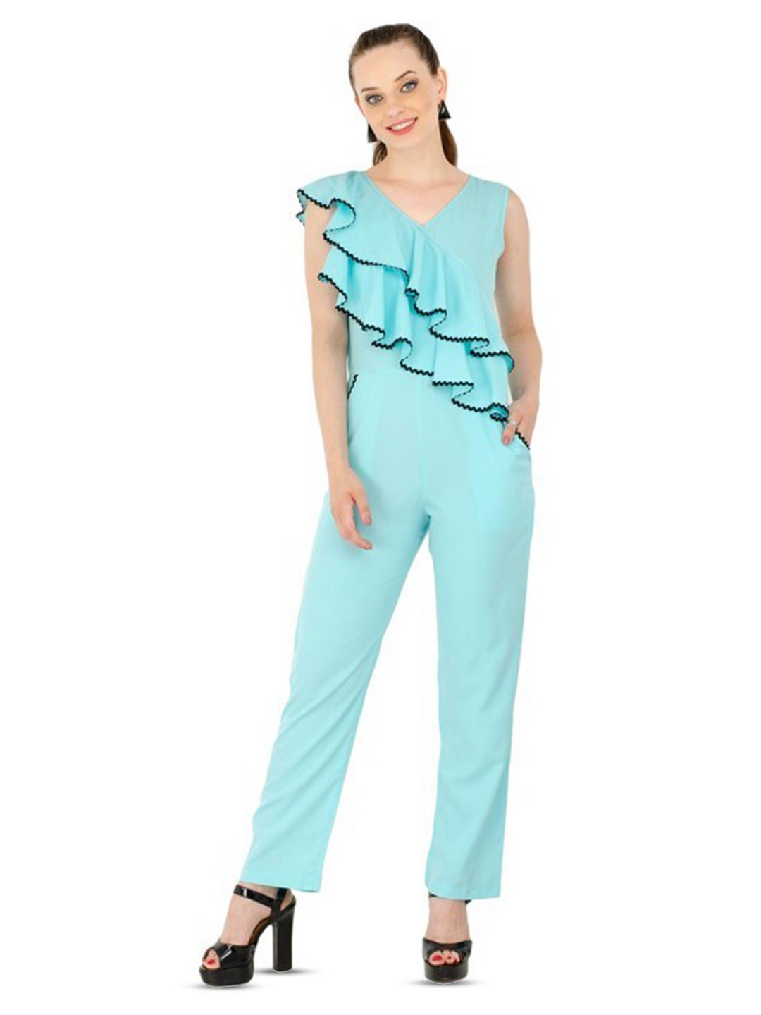 

Karmic Vision V-Neck Basic Jumpsuit With Ruffles, Blue