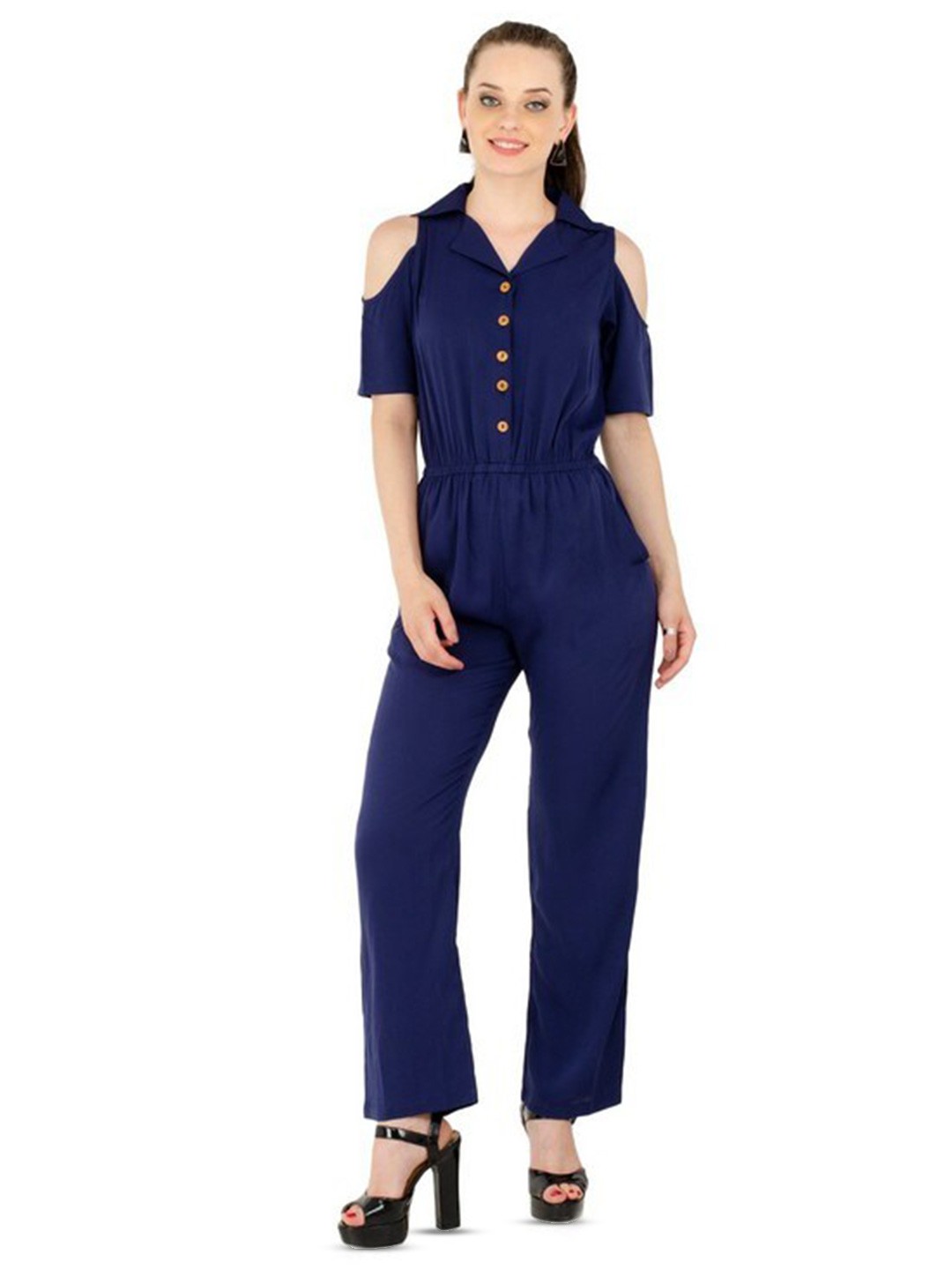 

Karmic Vision Cold Shoulder Sleeves Basic Jumpsuit, Blue