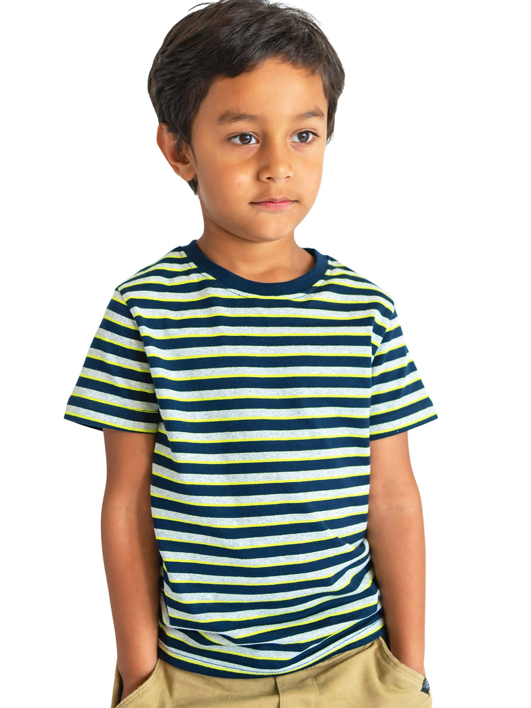 

Campana Kobe Boys Striped Half Sleeves Round Neck Cotton T-shirt, Navy blue