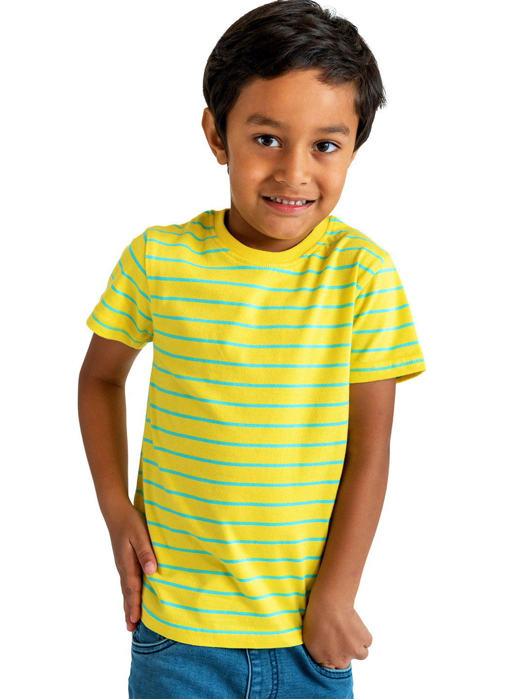 

Campana Kobe Boys Striped Half Sleeves Round Neck Cotton T-shirt, Yellow