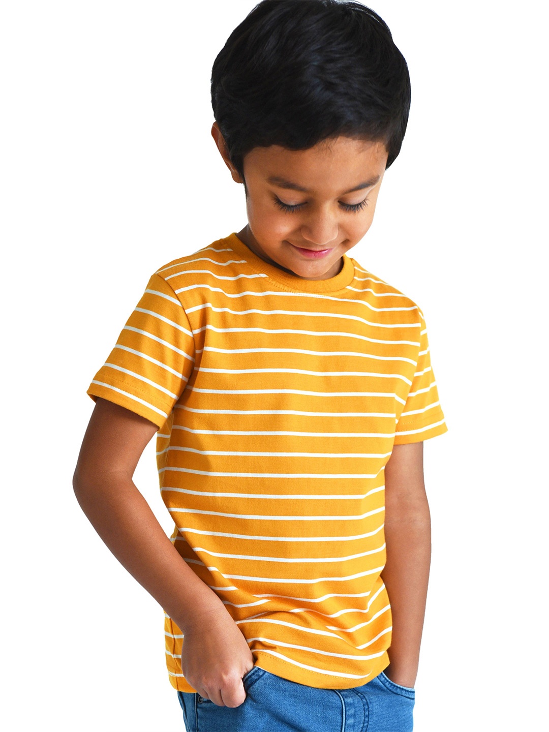 

Campana Boys Striped Cotton Round Neck Short Sleeves Pockets Casual T-shirt, Yellow