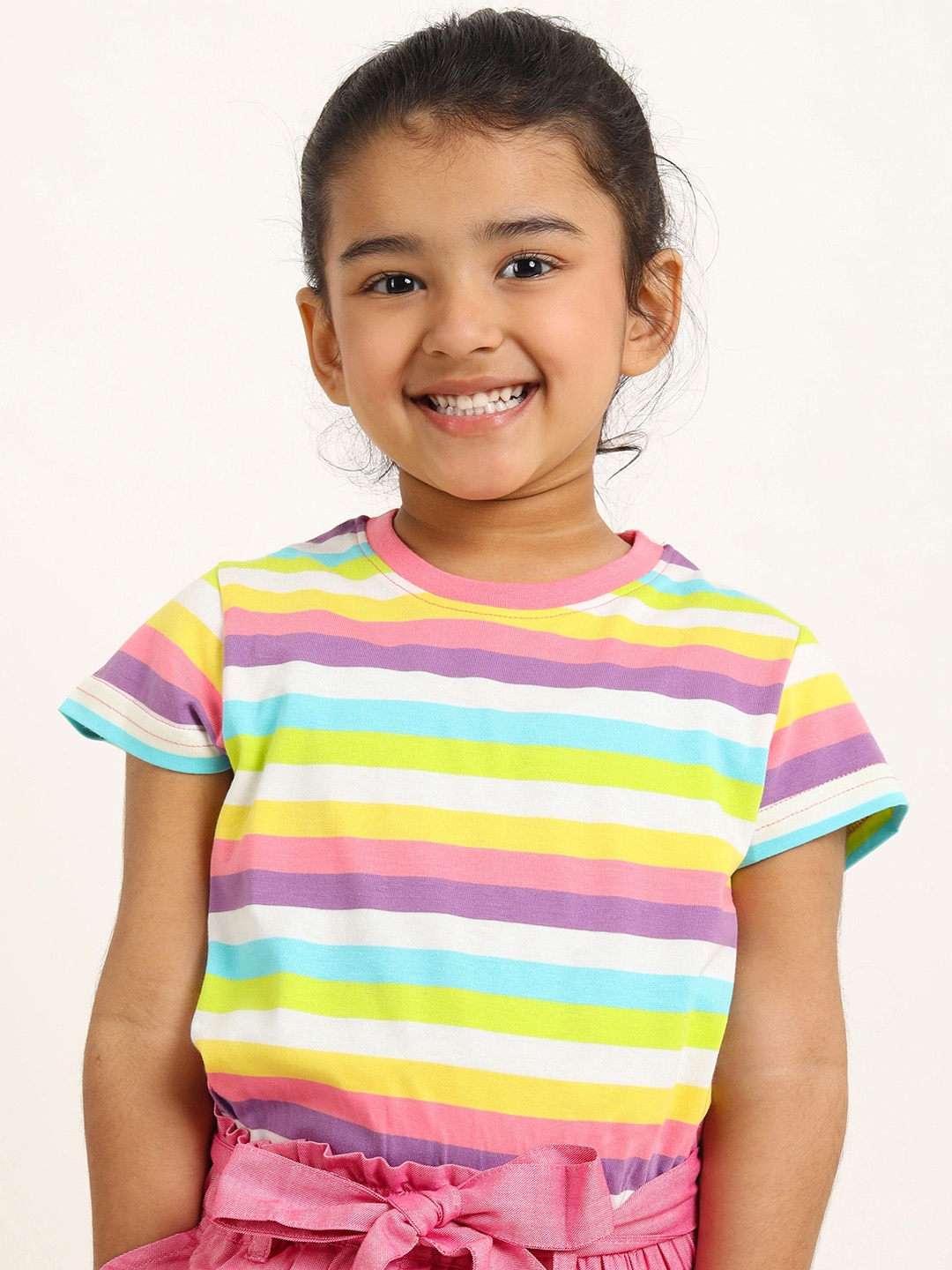 

Campana Alexis Girls Striped Half Sleeves Round Neck Cotton T-shirt, Pink