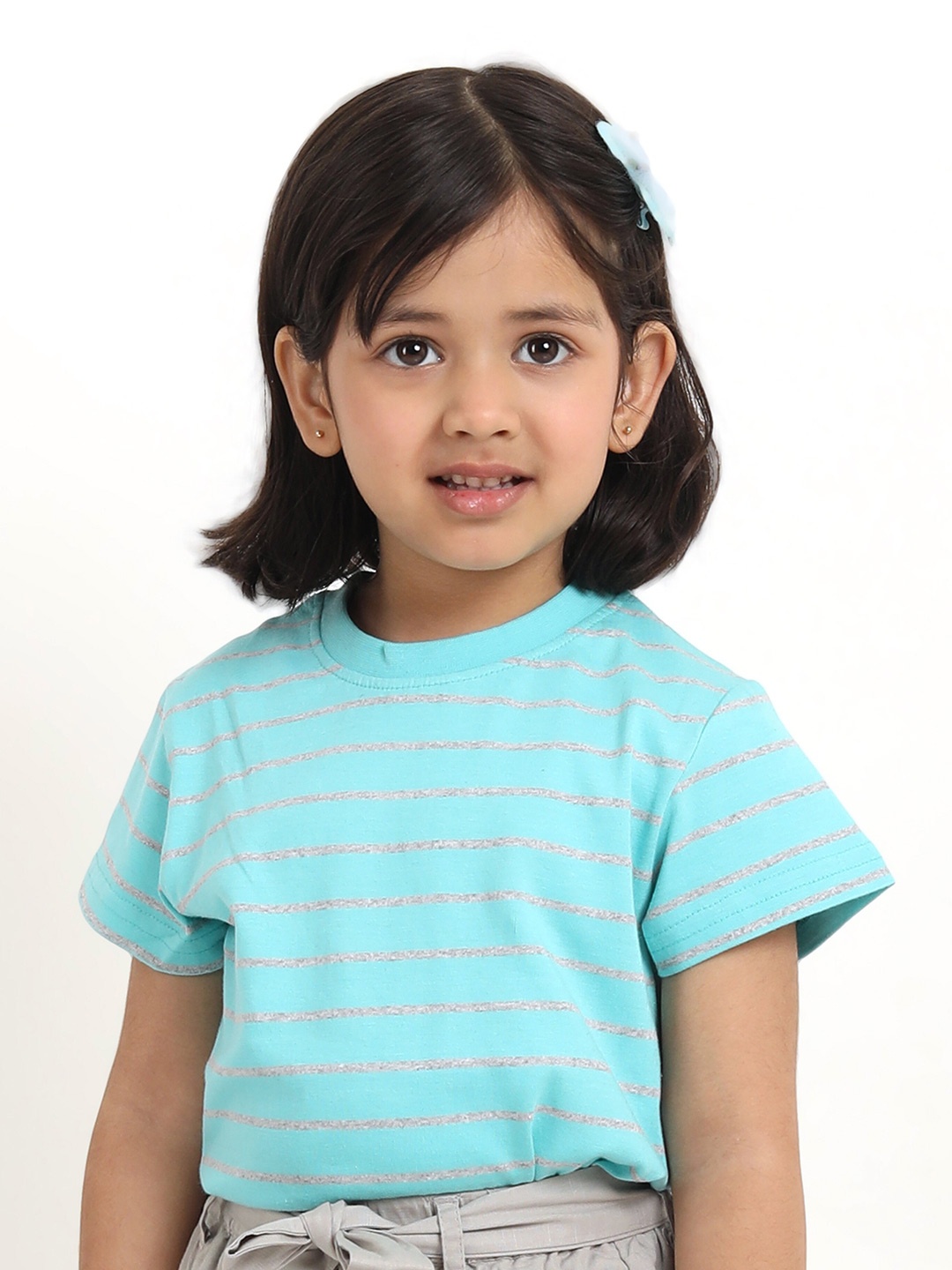 

Campana Alexis Girls Striped Half Sleeves Round Neck Cotton T-shirt, Turquoise blue