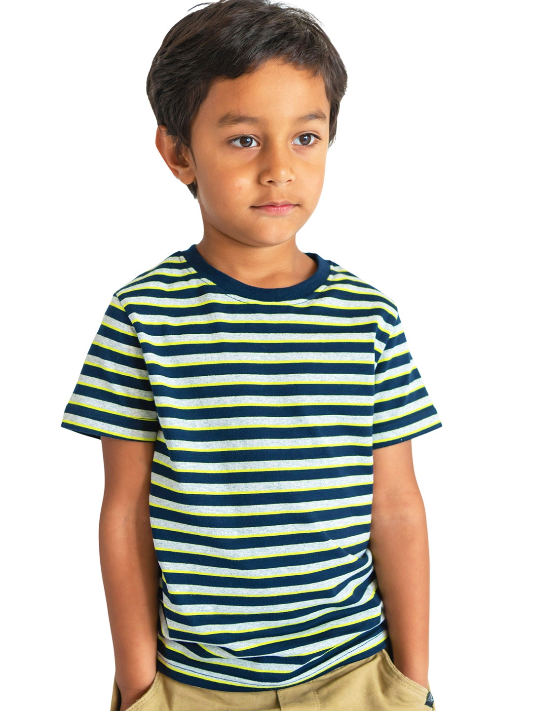 

Campana Kobe Boys Striped Half Sleeves Round Neck Cotton T-shirt, Navy blue