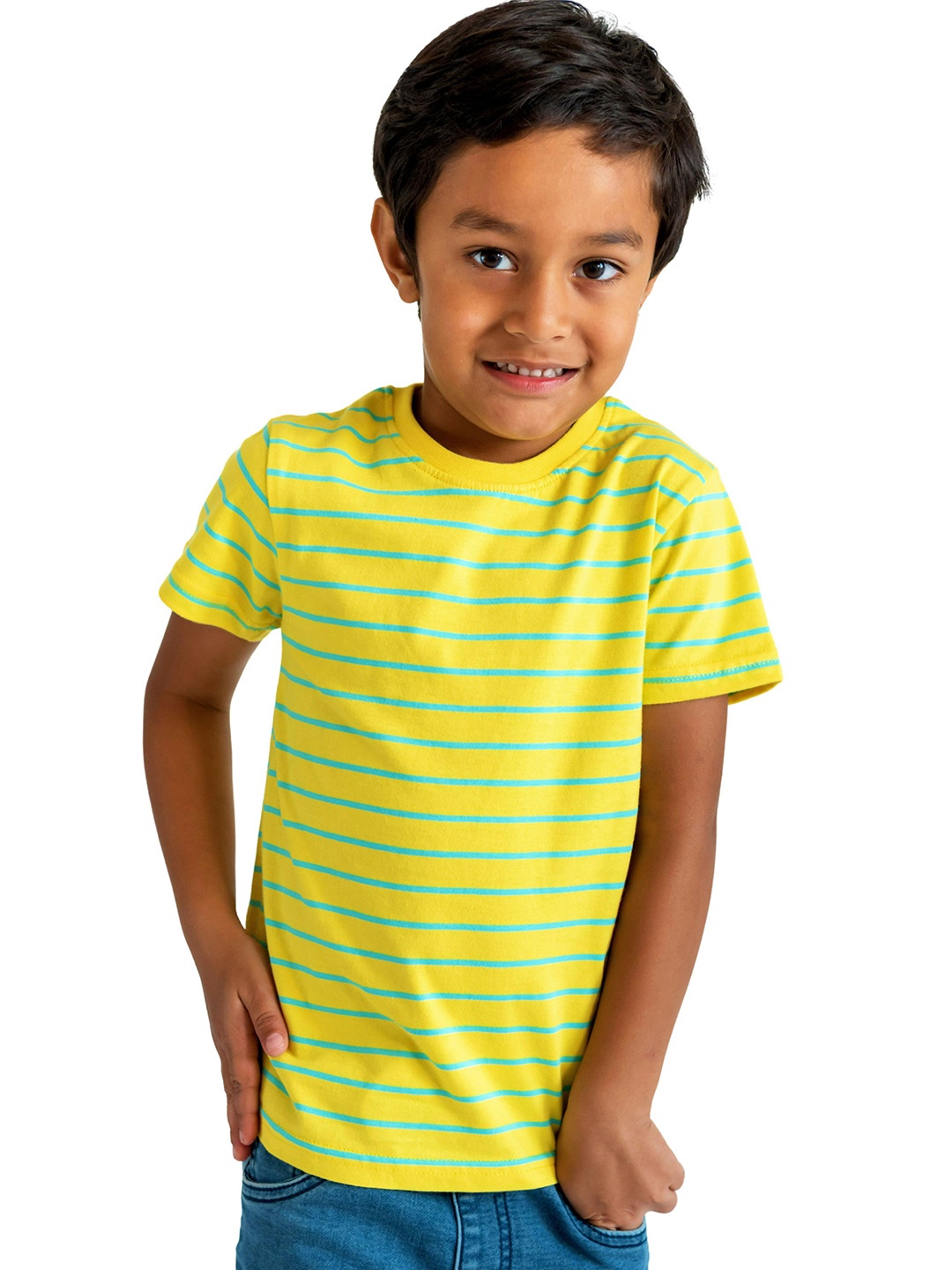 

Campana Boys Striped Cotton Round Neck Short Sleeves Pockets Casual T-shirt, Yellow