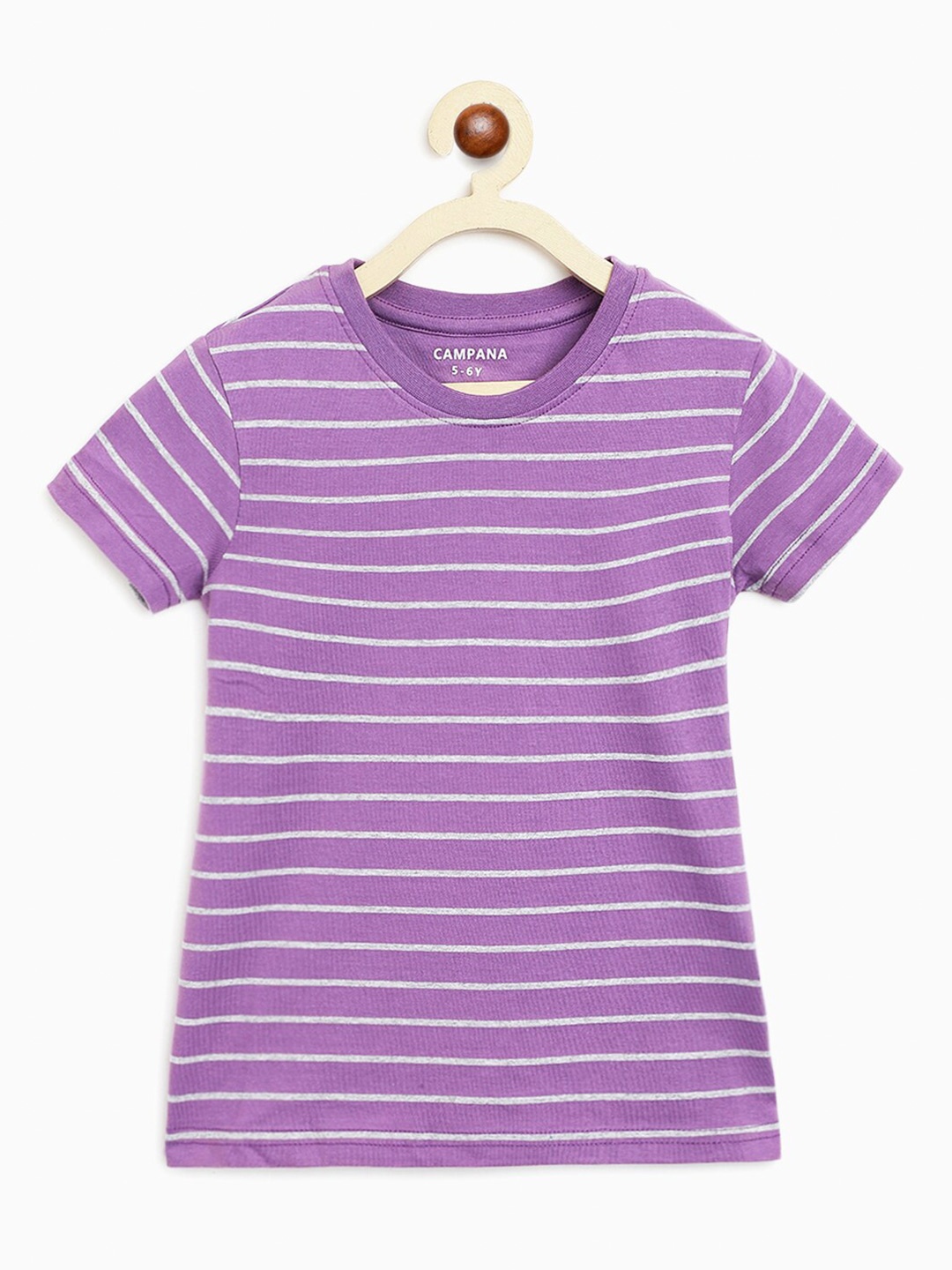 

Campana Girls Striped Cotton Round Neck Short Sleeves Casual T-shirt, Purple