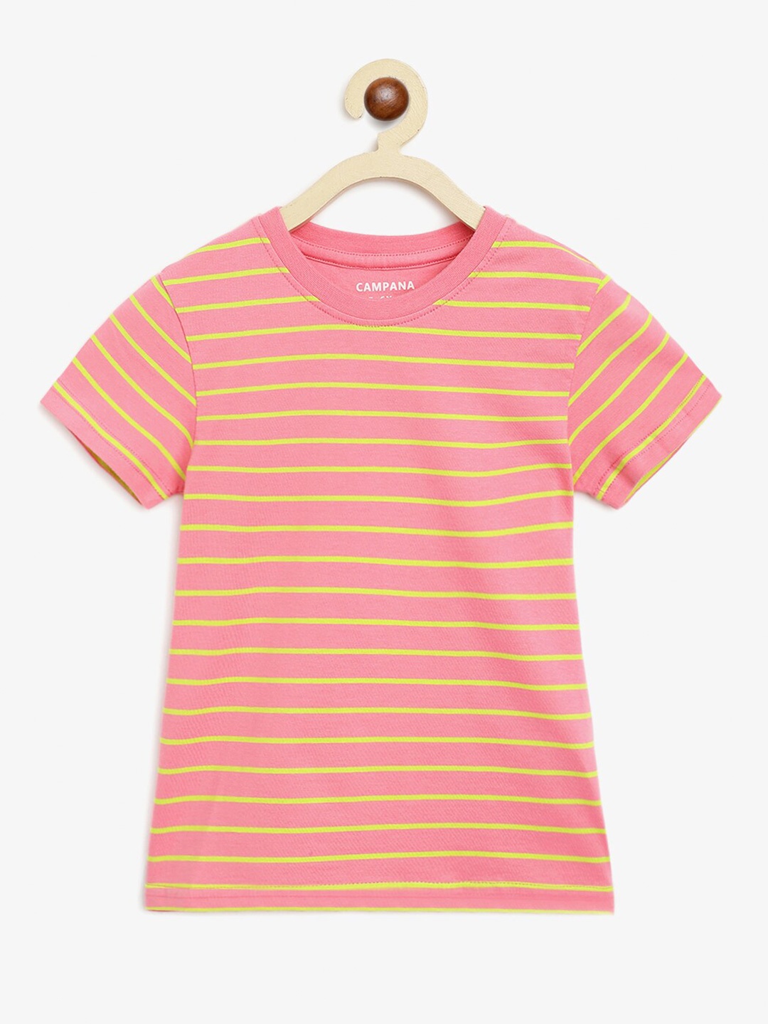 

Campana Alexis Girls Striped Half Sleeves Round Neck Cotton T-shirt, Pink