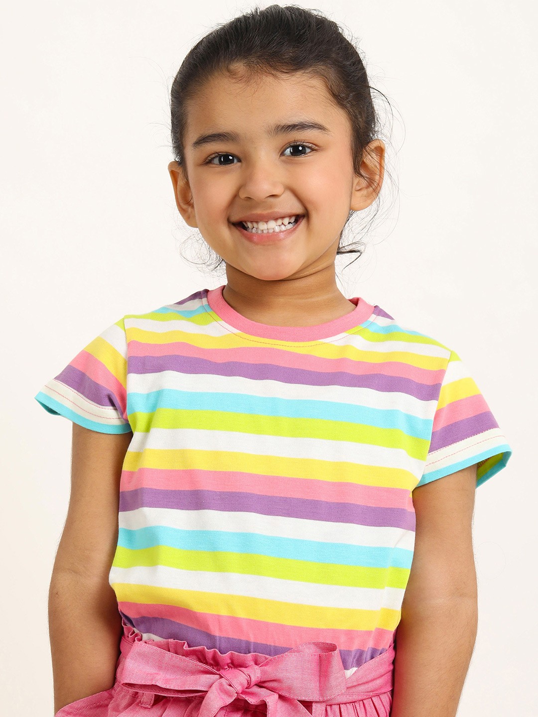 

Campana Alexis Girls Striped Half Sleeves Round Neck Cotton T-shirt, Pink