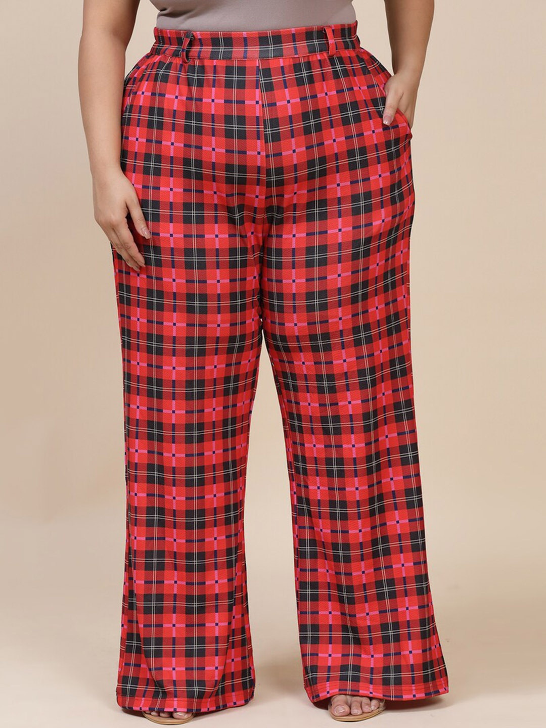 

Flambeur Women Checked Mid-Rise Trousers, Red