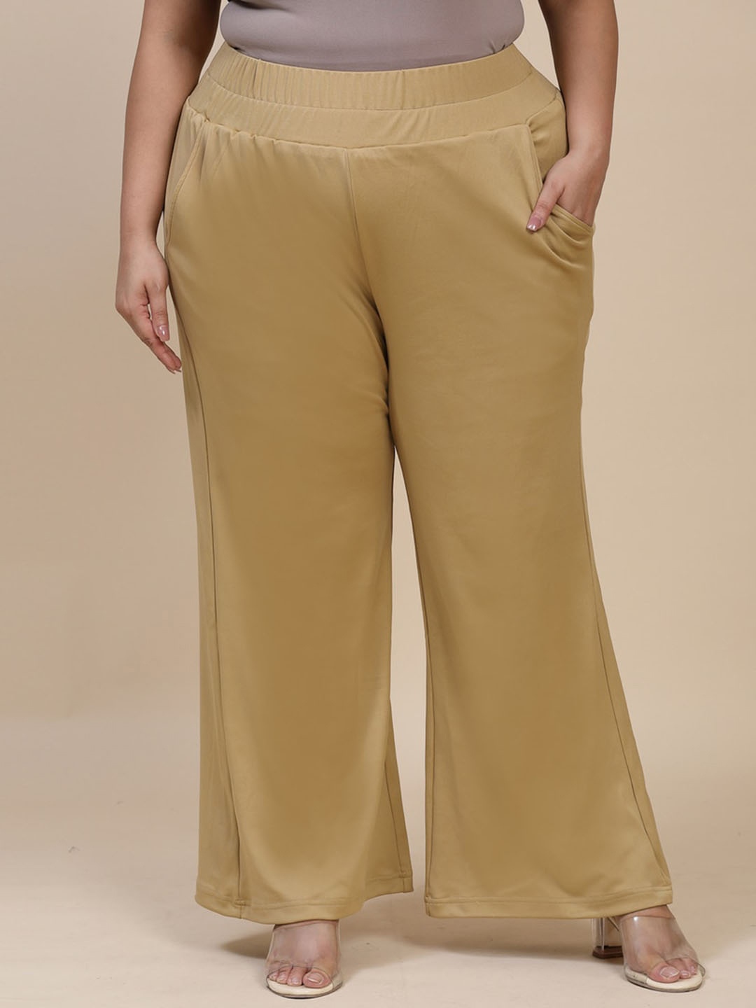 

Flambeur Plus Size Women Mid-Rise Parallel Trousers, Camel brown