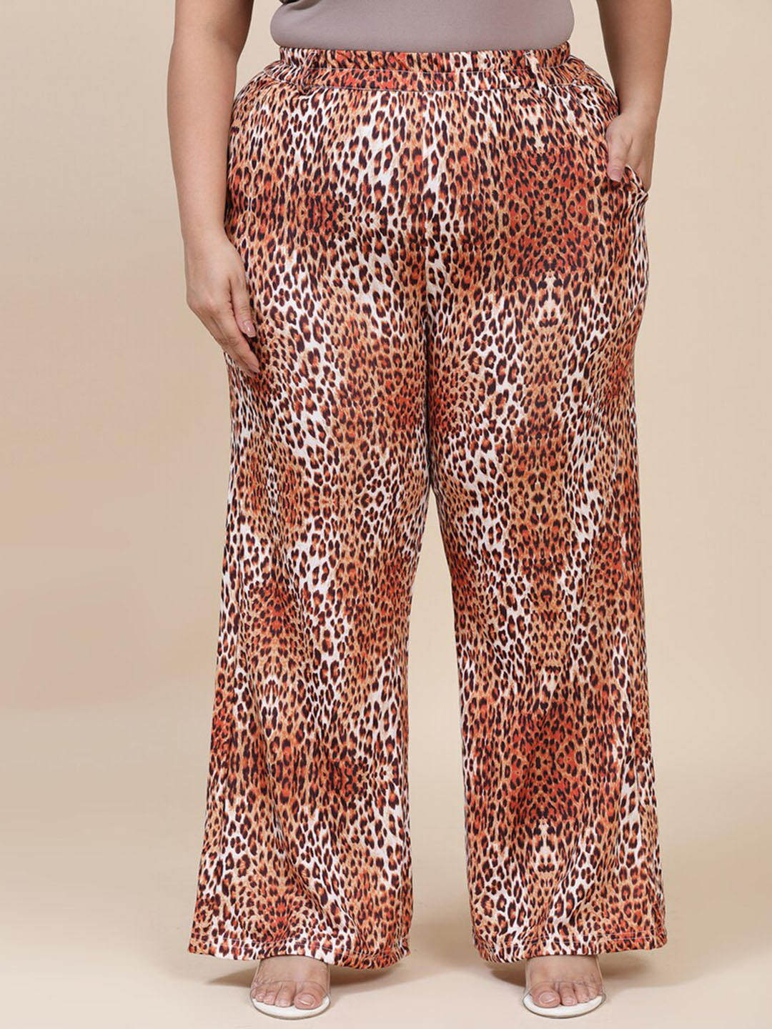 

Flambeur Women Animal Printed Pleated Trousers, Brown